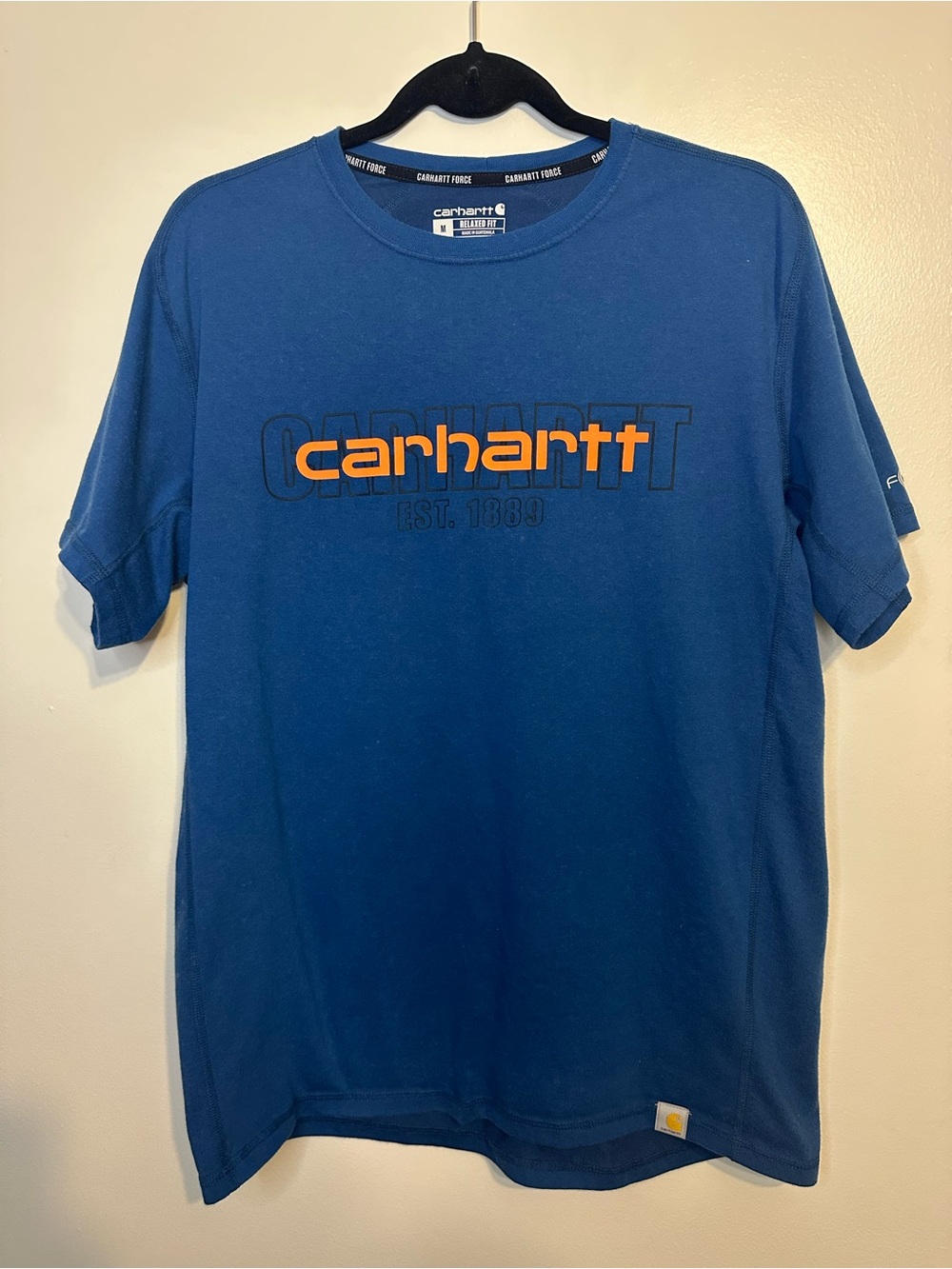 Carhartt Blue Short-Sleeve Logo Tee with Orange Script